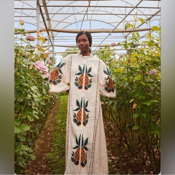 Farm Rio Light Pink Cross Stitch Pineapple Embroidered Midi Dress - Picture 3 of 9